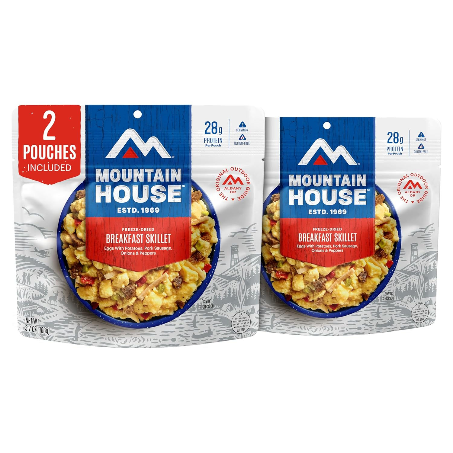 Deux sachets lyophilisés de Poêlée petit-déjeuner Mountain House.