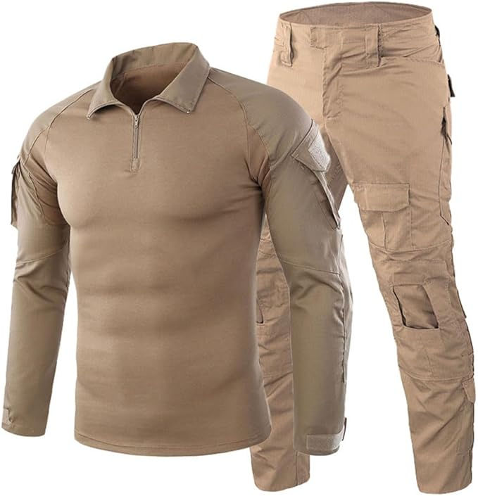 Ensemble tactique kaki: haut manches longues et pantalon cargo.