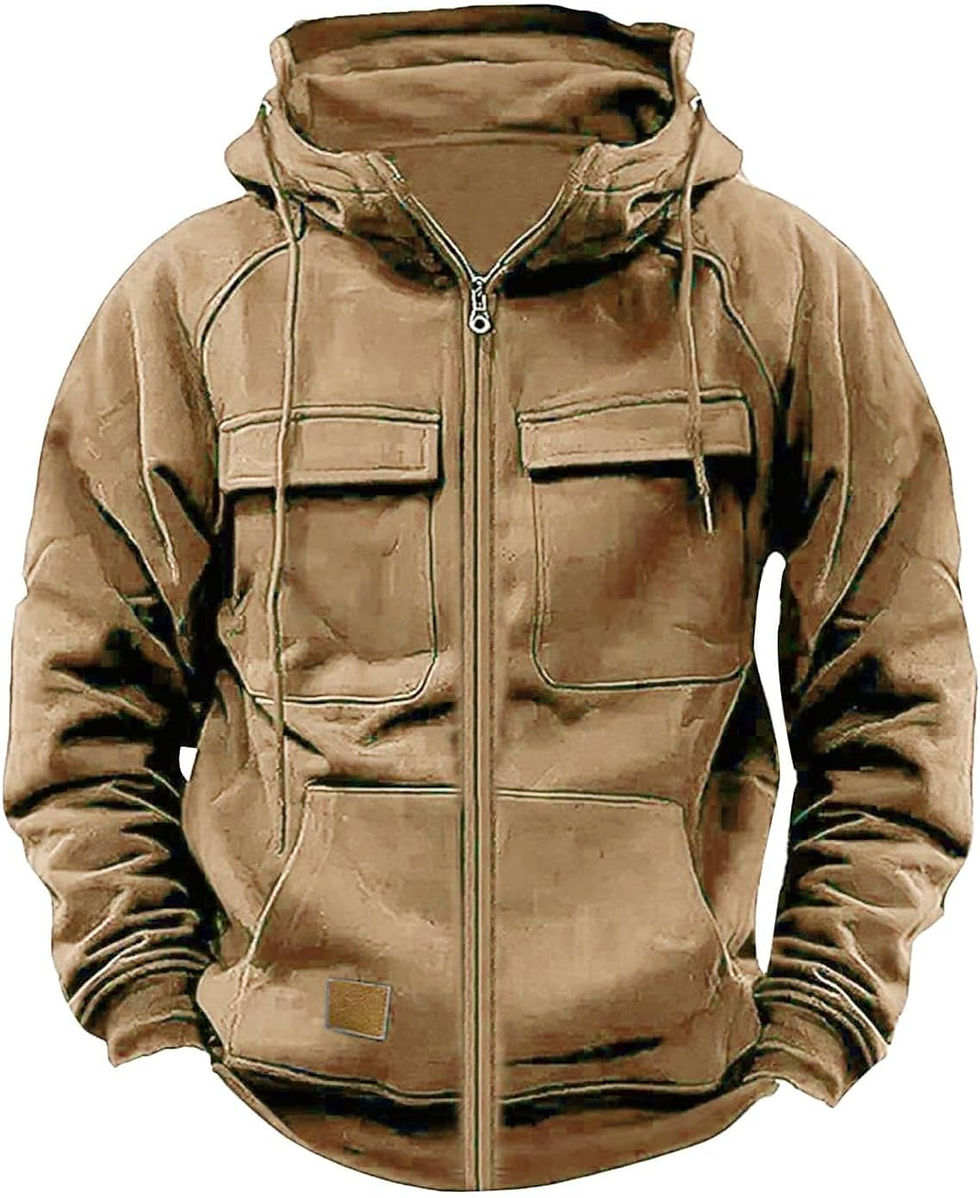 Thumbnail: Sweat à capuche tactique LOAIHA beige pour homme avec zip