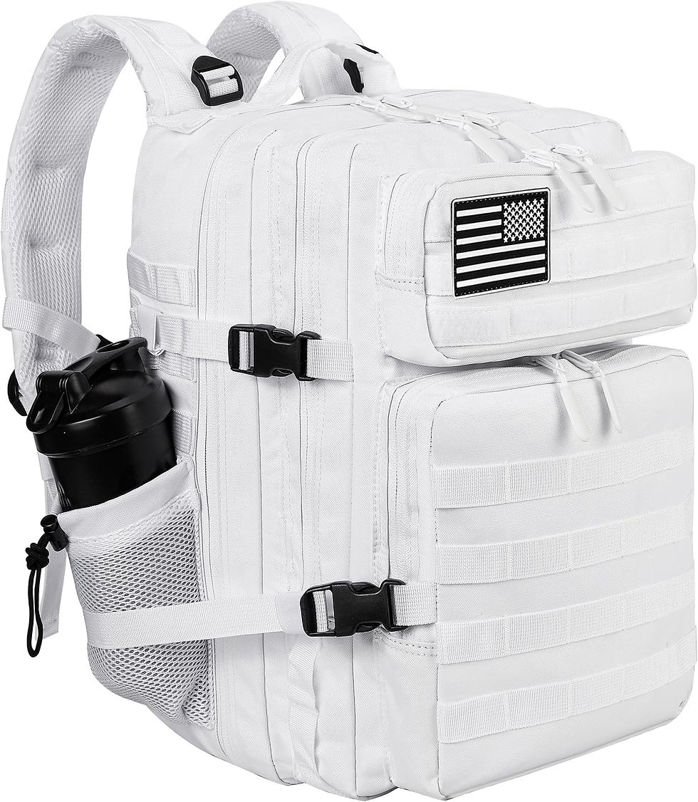 Thumbnail: Sac à dos tactique LHI 45L blanc avec drapeau et gourde.