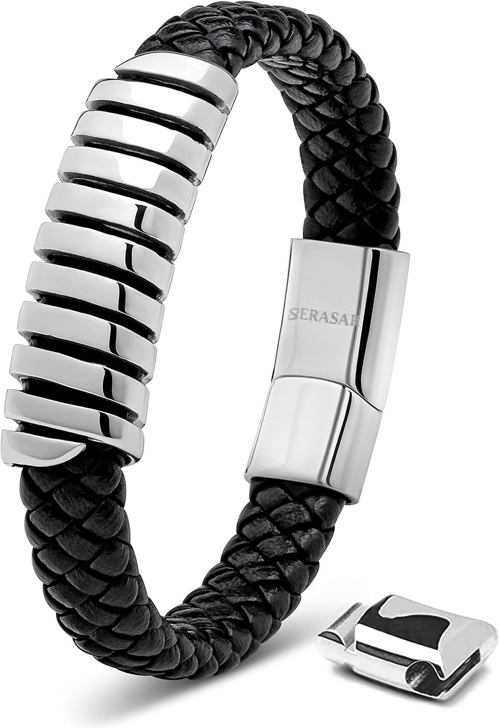 Miniature : Bracelet SERASAR homme cuir noir tressé et acier argenté