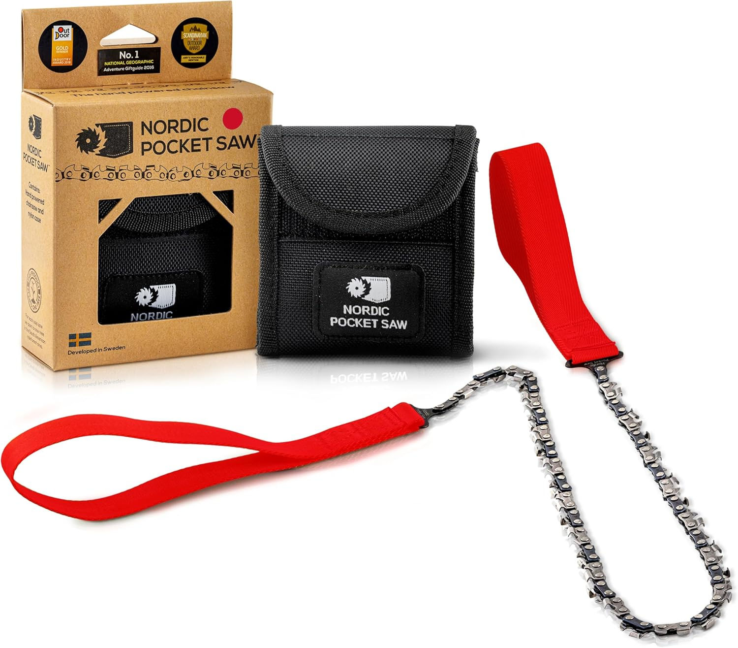 Scie à chaîne manuelle Nordic Pocket Saw avec étui et boîte.