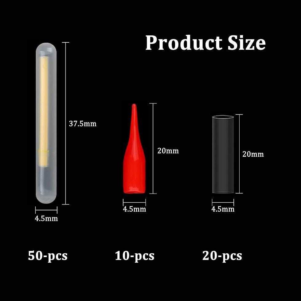 Dimensions des bâtonnets lumineux TXS et accessoires de pêche.