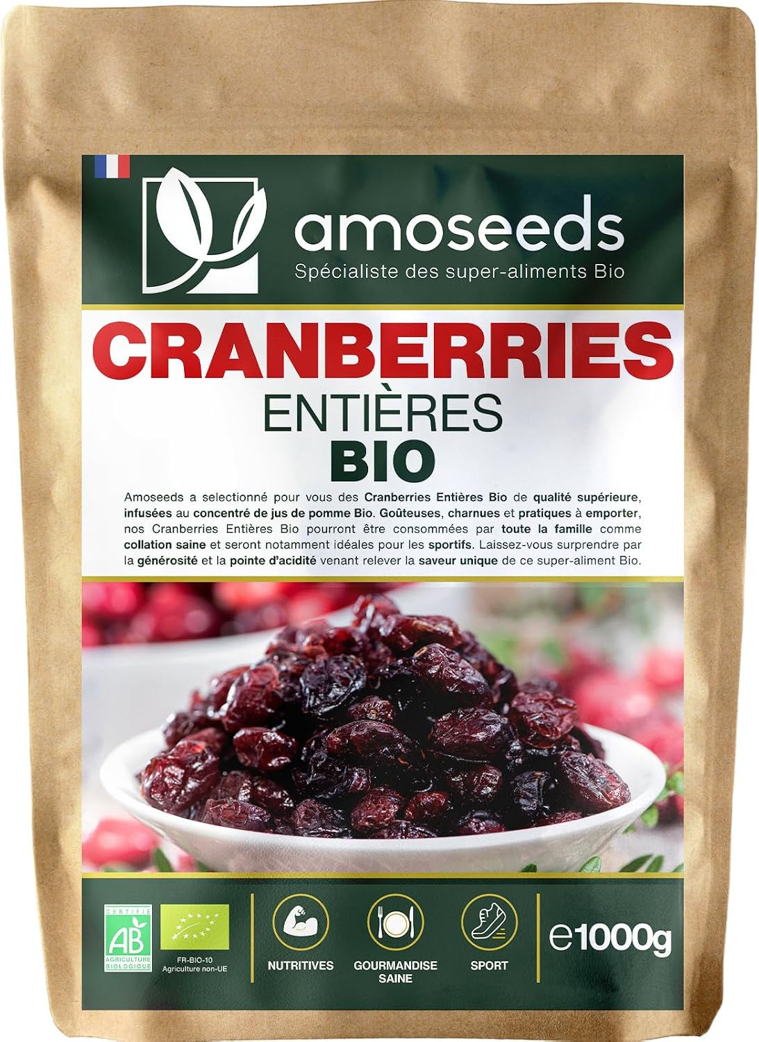 Sachet de Cranberries Entières séchées BIO 1kg Amoseeds