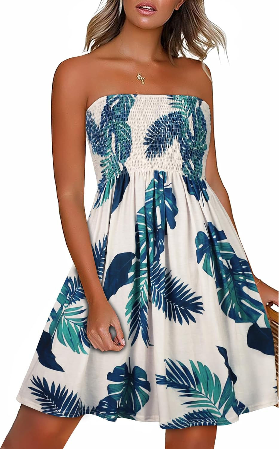 Miniature : Robe bustier blanche à motifs feuilles tropicales