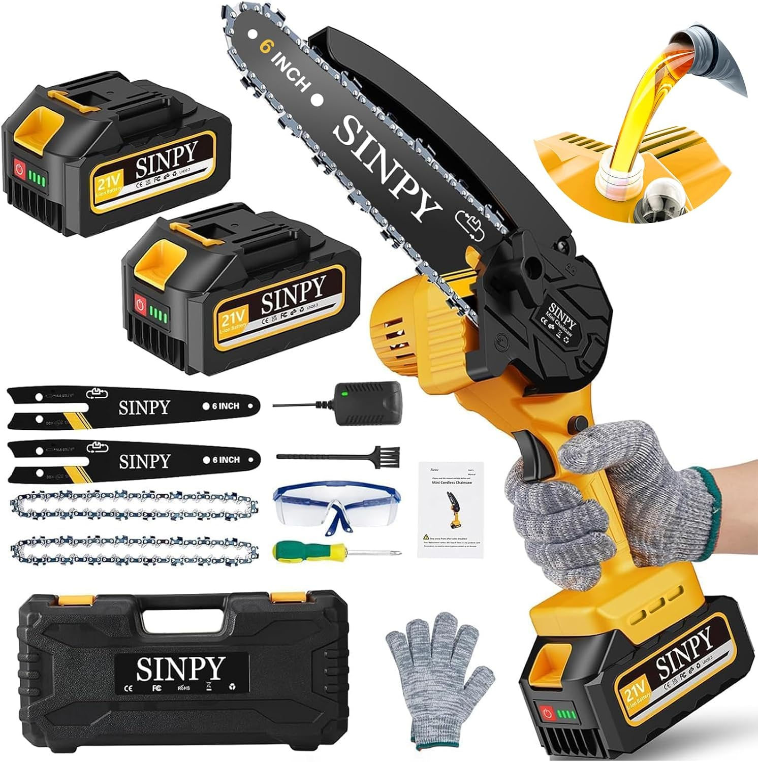 Mini-tronçonneuse Sinpy 880W avec guide 6 pouces et ses accessoires