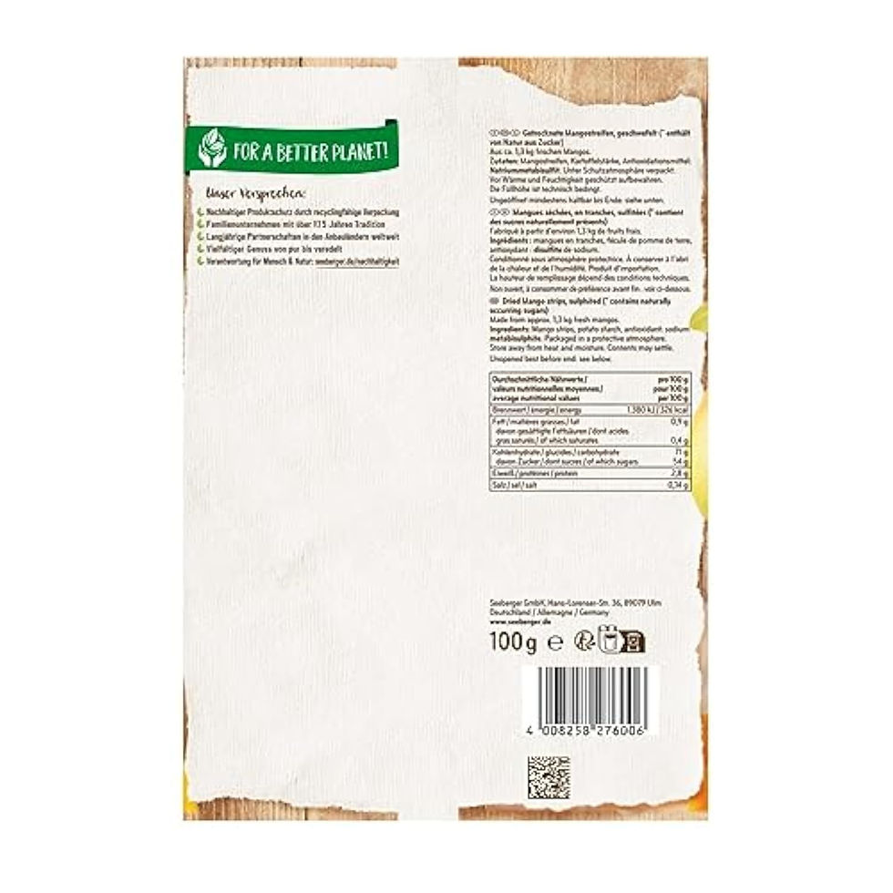 Dos du sachet Seeberger Mangue sans sucre avec tableau nutritionnel