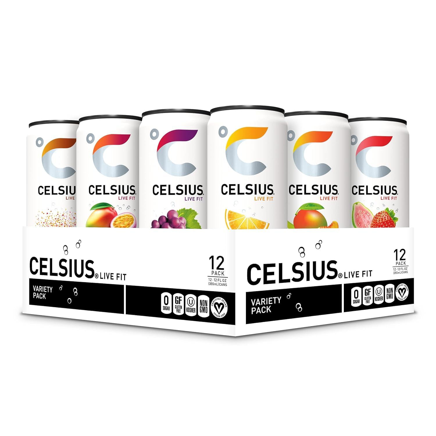Pack de 12 boissons CELSIUS, idéal pour vos kits de survie.