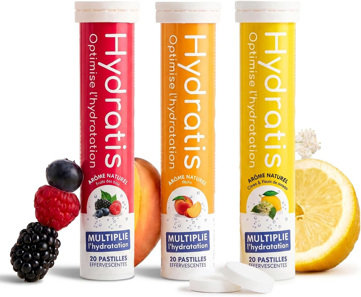 Trois tubes de pastilles Hydratis aux fruits, pêche et citron.