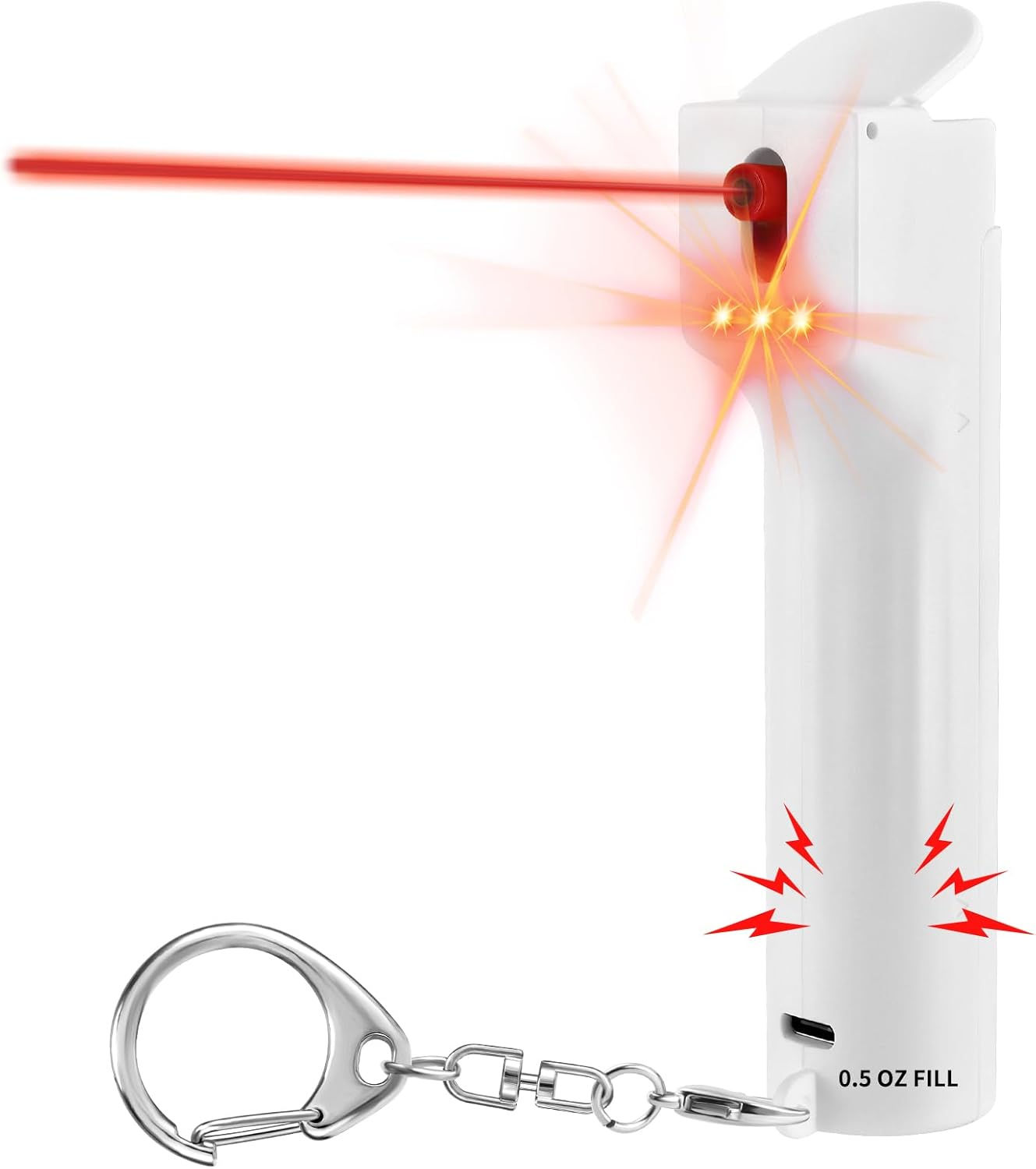 Spray de défense 3-en-1 avec laser et alarme activée.