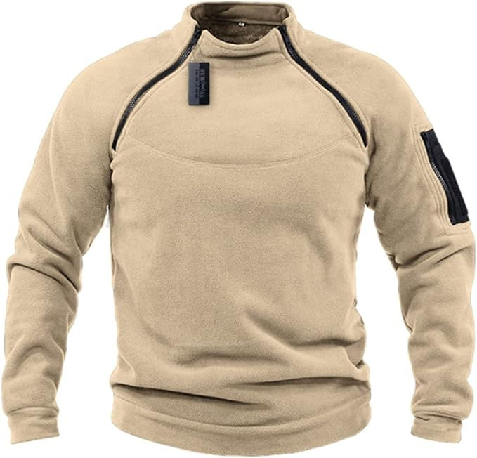 Pull polaire tactique beige avec fermetures éclair noires et poche manche.