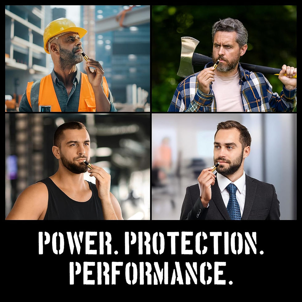 Hommes (ouvrier, bûcheron, athlète, homme d'affaires) avec appareil buccal. Texte: POWER. PROTECTION. PERFORMANCE.
