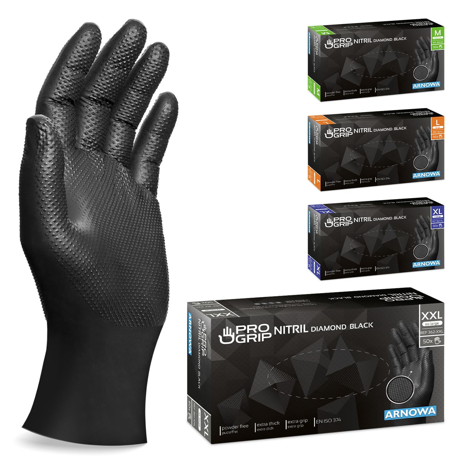 Gant nitrile noir PROGRIP texture diamant et sa boîte