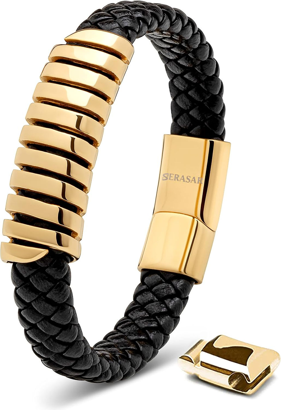 Miniature : Bracelet SERASAR homme en cuir tressé noir et acier doré.