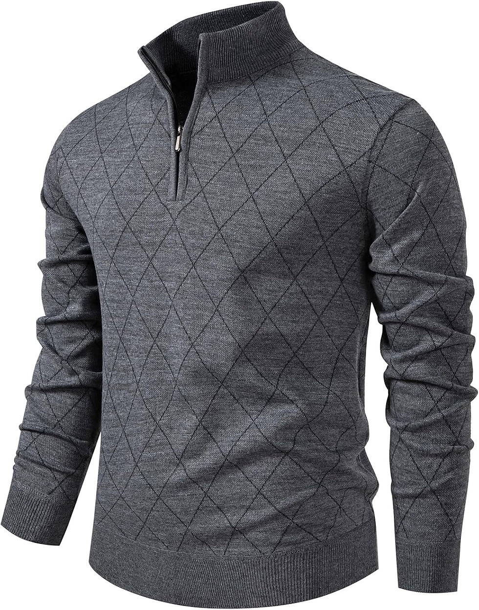 Miniature : Pull à col zippé 1/4 gris pour homme à motifs losanges