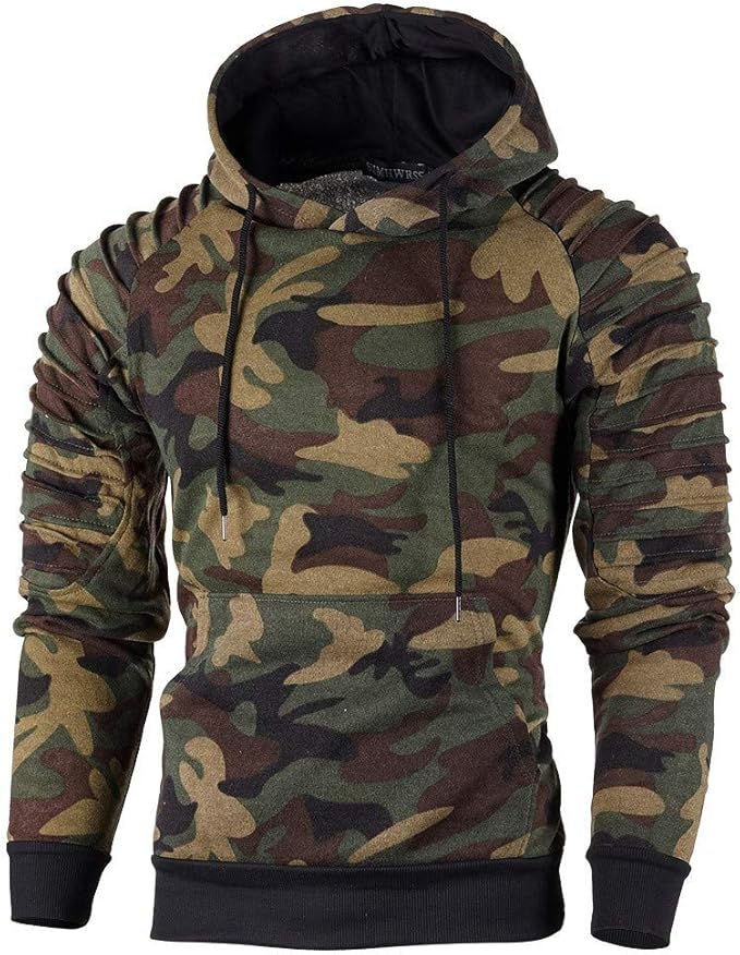 Pull à capuche camouflage homme vert marron noir avec manches plissées.