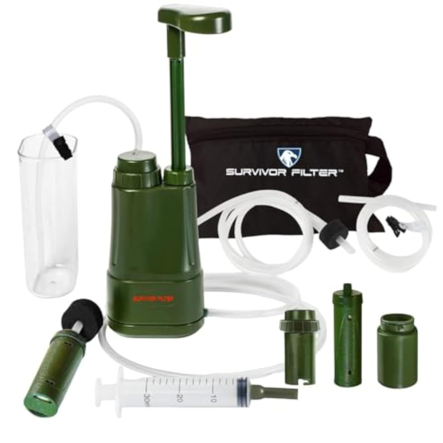 Pompe Survivor Filter Pro avec accessoires et pochette.