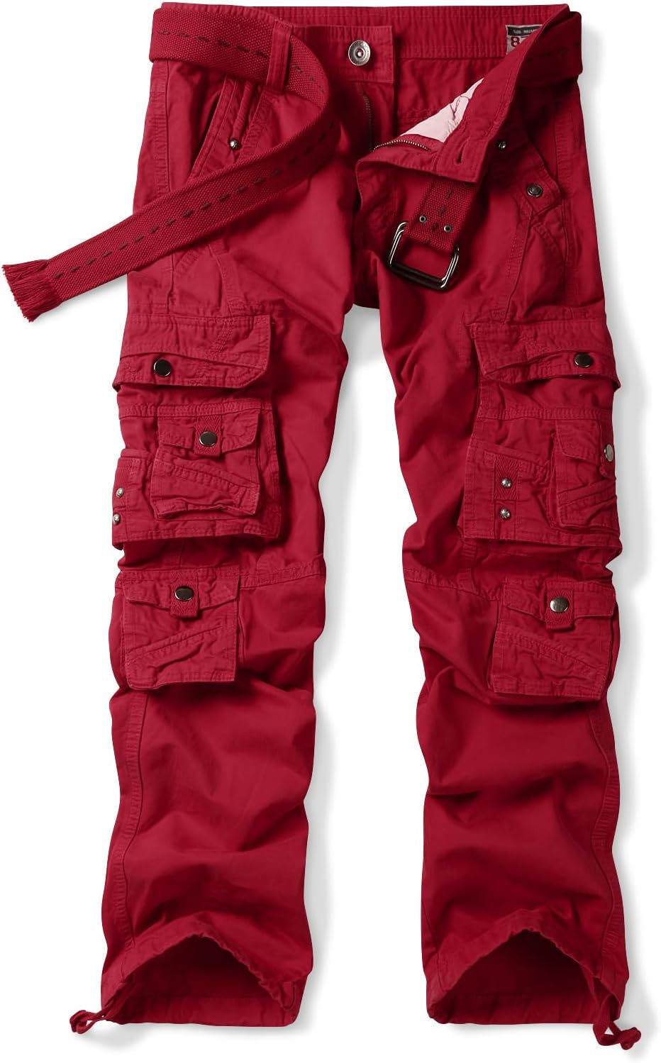 Pantalon cargo rouge OCHENTA en coton avec poches multiples.