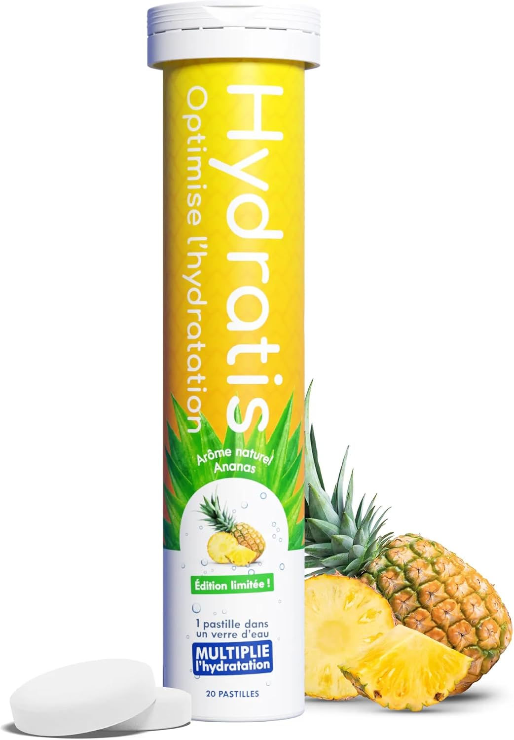Tube de pastilles Hydratis electrolytes, goût ananas solaire.