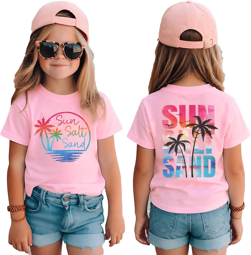Fille en t-shirt rose "Sun Salt Sand" avec palmiers, recto verso