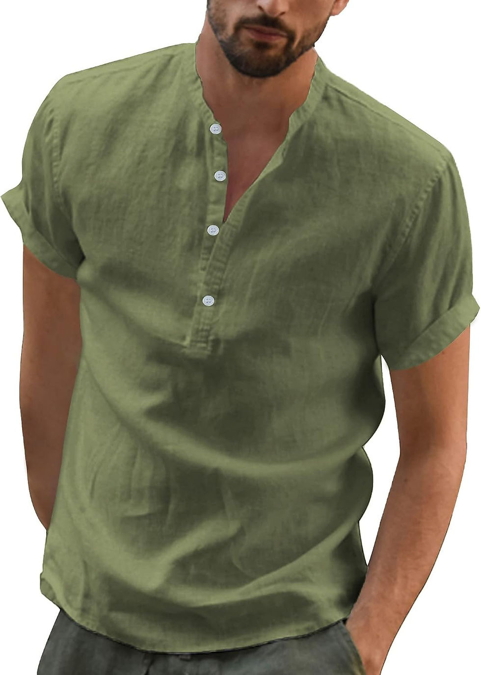 Chemise YAOBAOLE col mao en lin vert olive pour homme