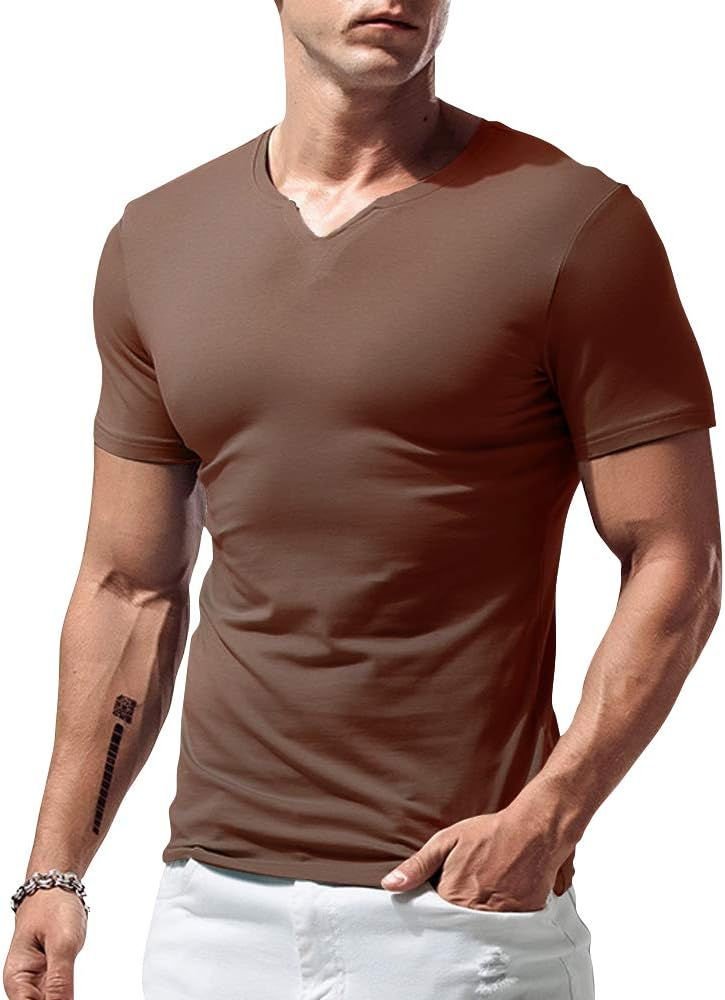 Thumbnail: T-shirt Henley marron ajusté pour homme en coton.