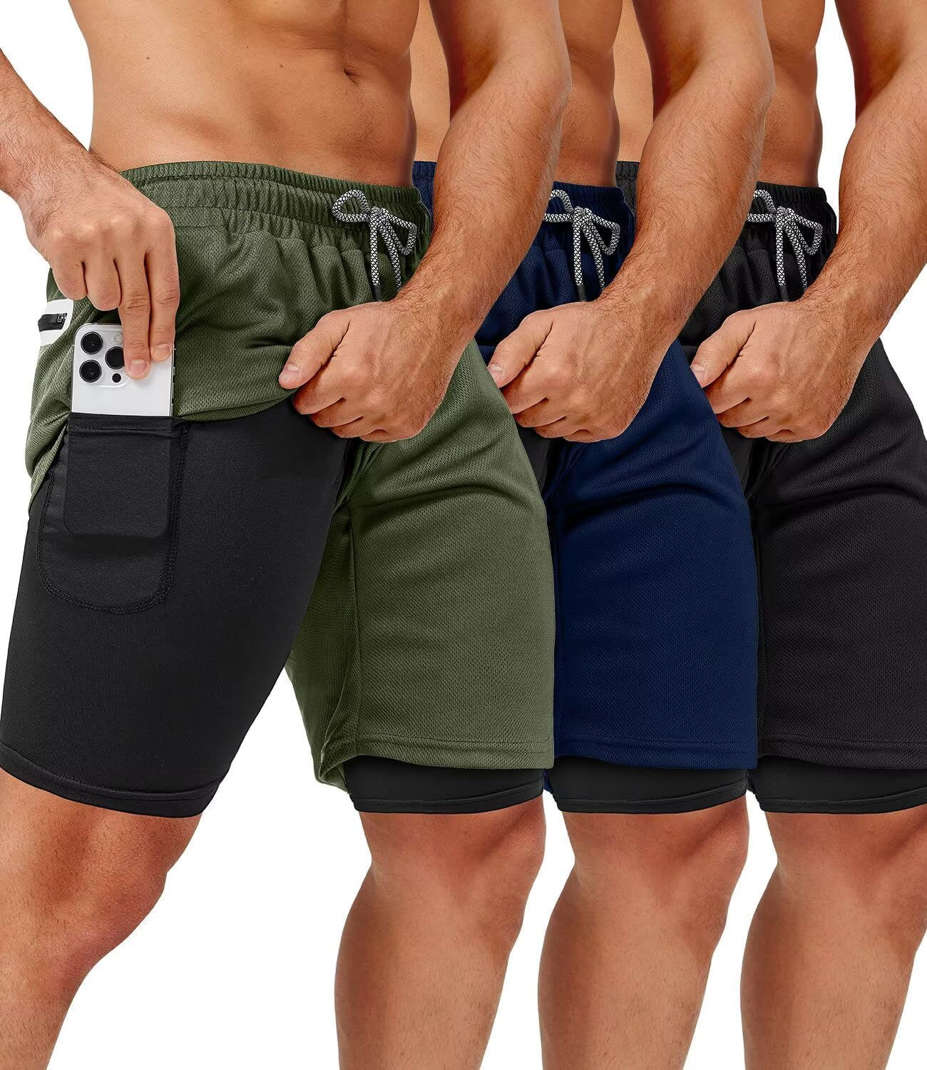Trois shorts de course 2 en 1 pour homme, avec poche pour téléphone