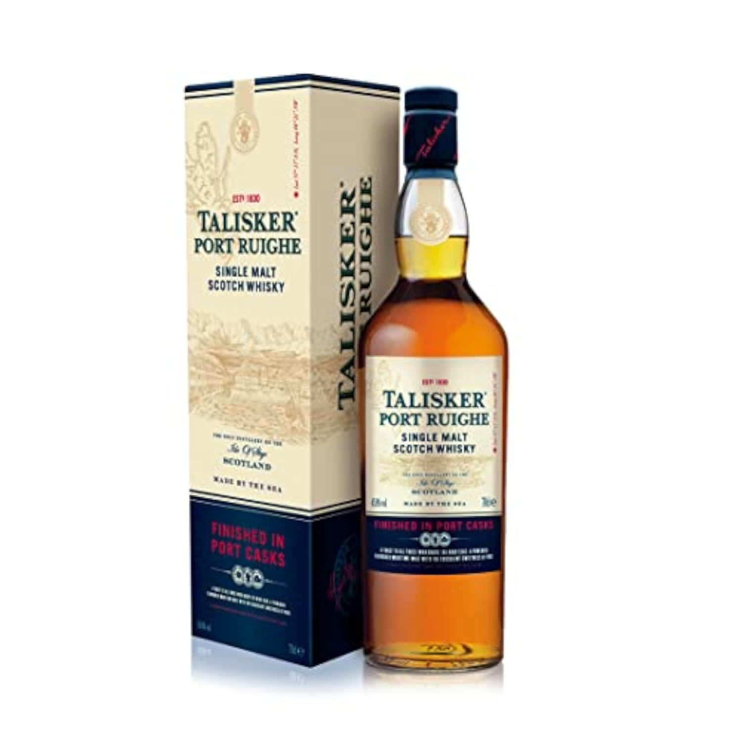 Whisky Talisker Port Ruighe Single Malt et son étui.