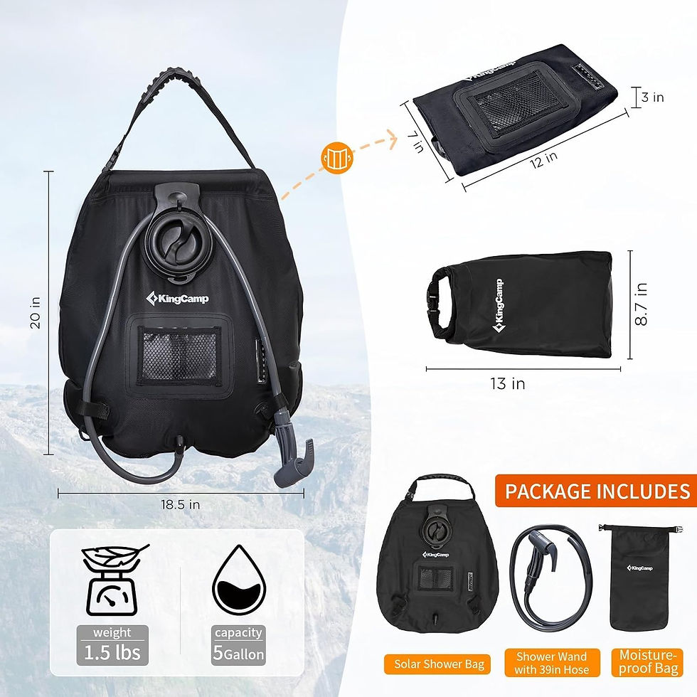 Thumbnail: Douche solaire KingCamp pour kits de survie avec dimensions.