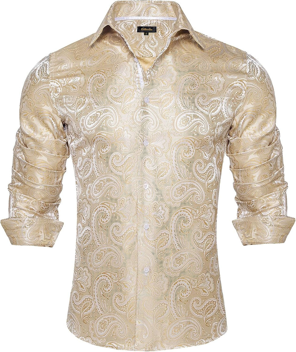 Thumbnail: Chemise DiBanGu en soie dorée à motifs cachemire pour homme.
