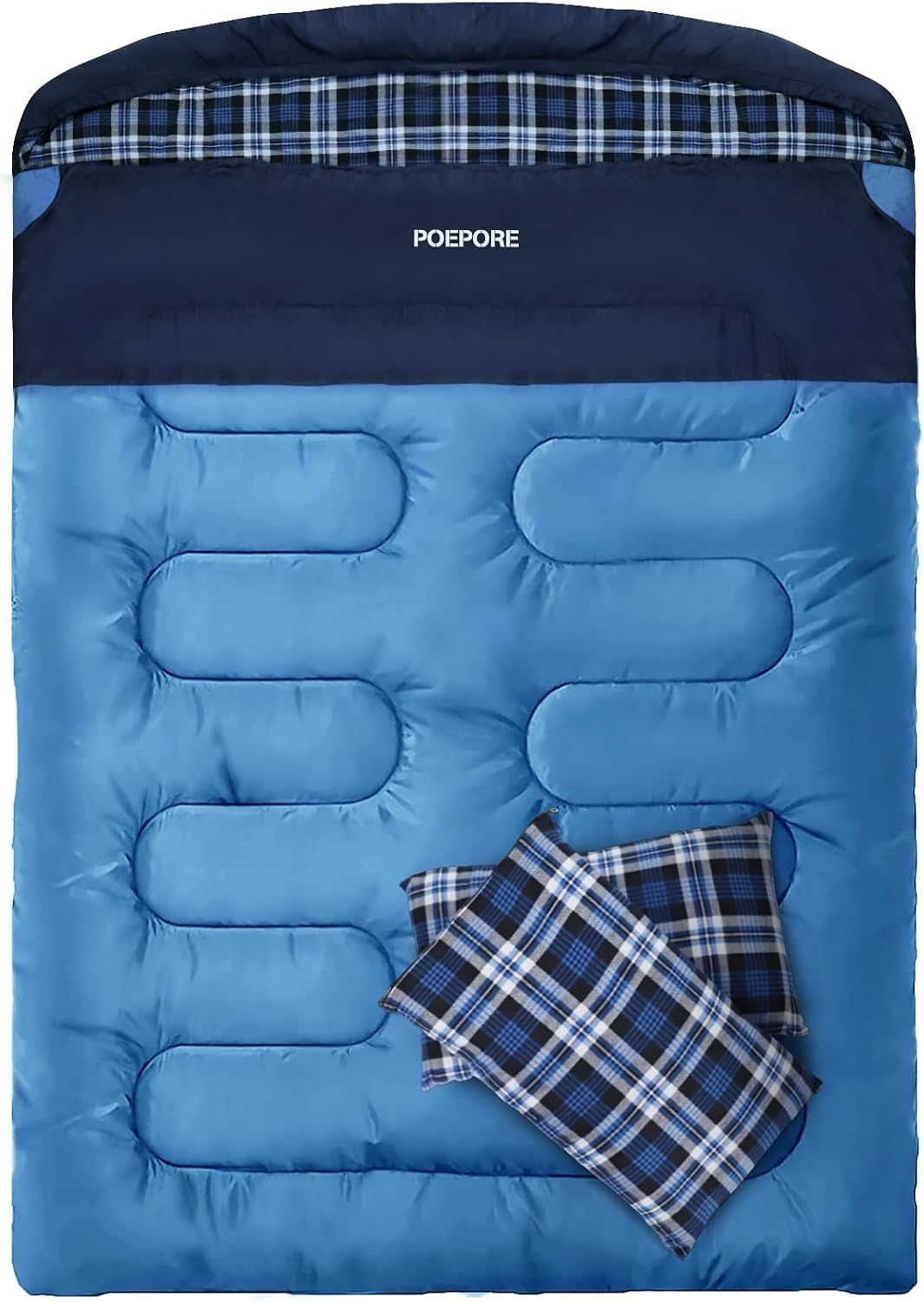 Sac de couchage double Hive bleu avec oreillers à carreaux