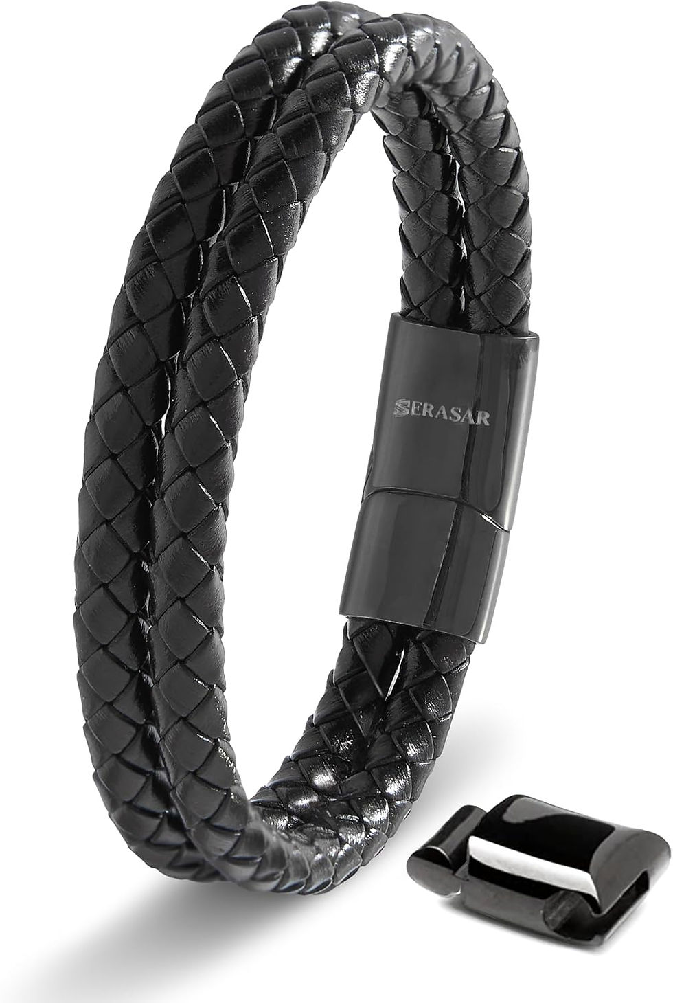 Miniature : Bracelet SERASAR pour homme en cuir noir tressé double
