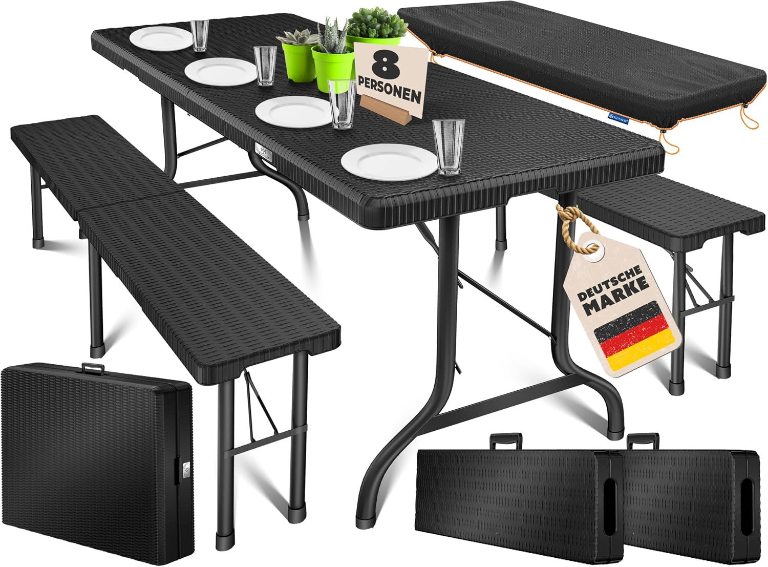 Ensemble de tente à bière KESSER noir : table et 2 bancs pliables.