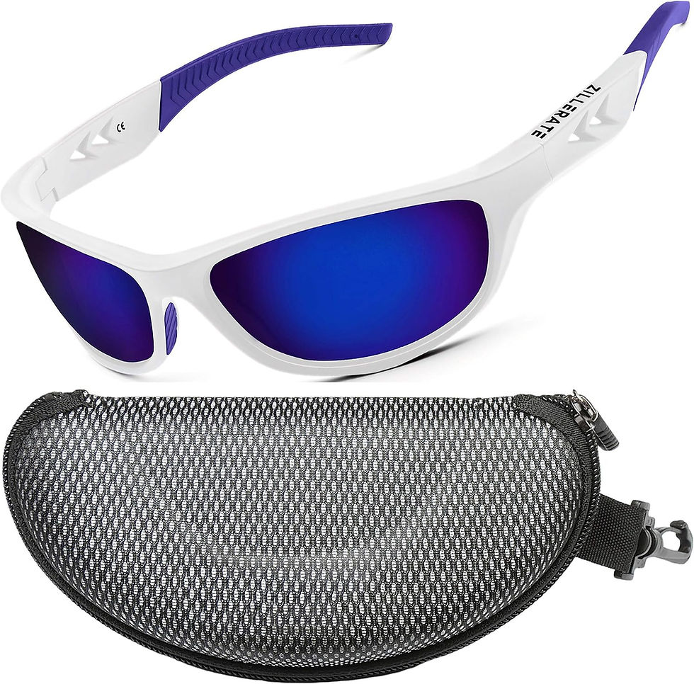 Lunettes de soleil sport Zillerate blanches avec verres bleus et étui.
