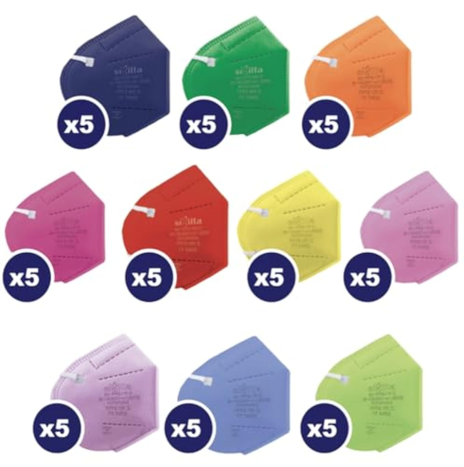 Lot de 50 masques FFP2 colorés en 10 teintes assorties