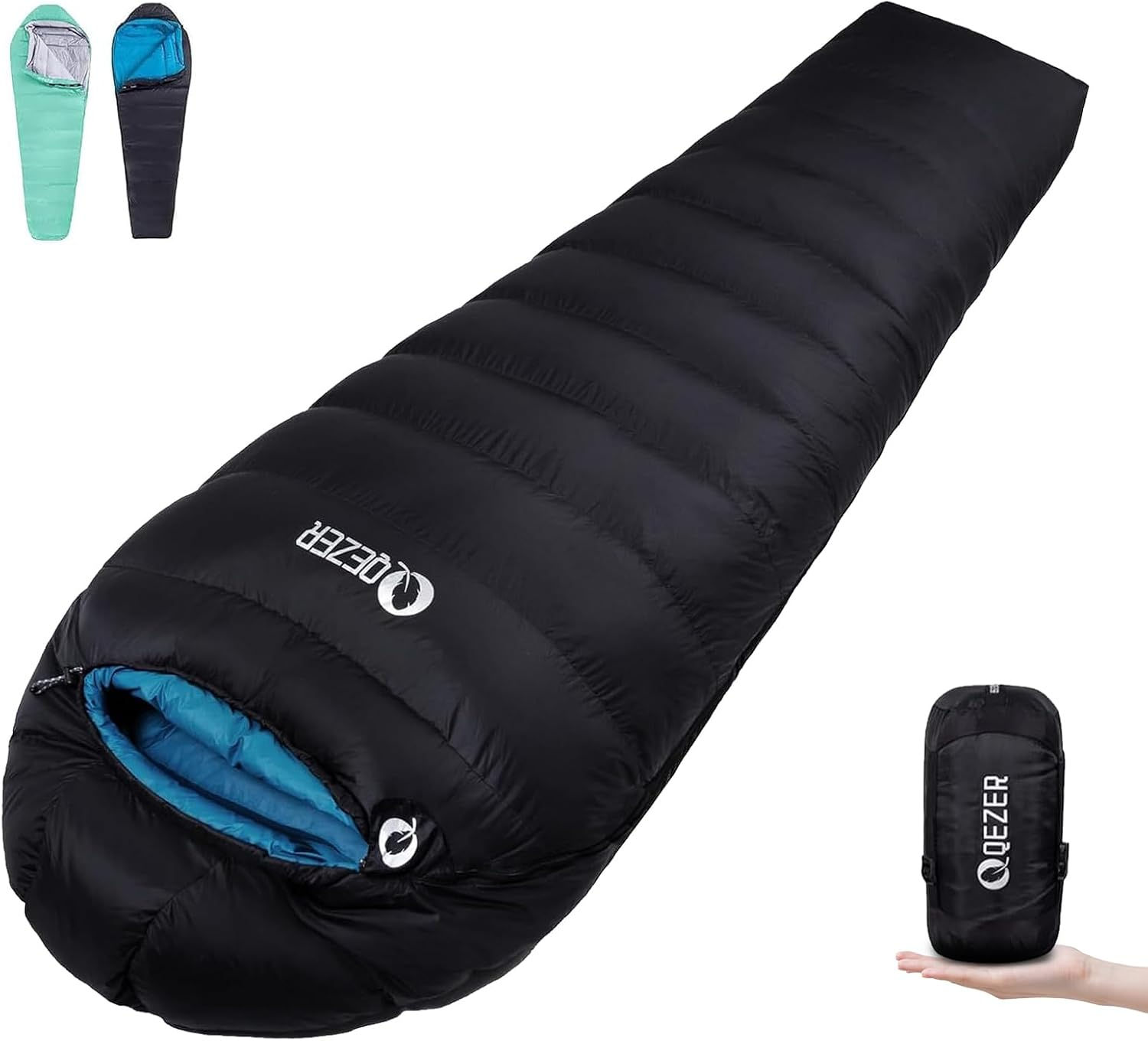 Sac de couchage adulte grand froid 600 FP Down noir et bleu