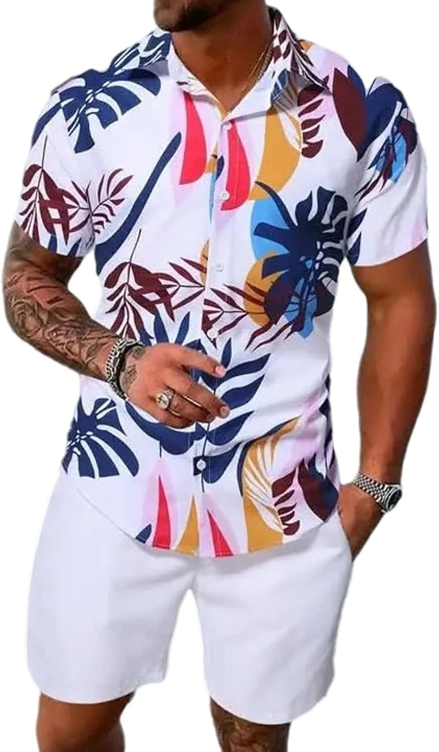 Miniature : Ensemble Yimoon d'été pour homme avec chemise hawaïenne