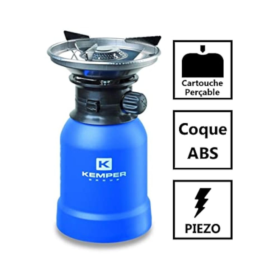 Réchaud gaz Kemper 2200W bleu avec coque ABS et piezo.