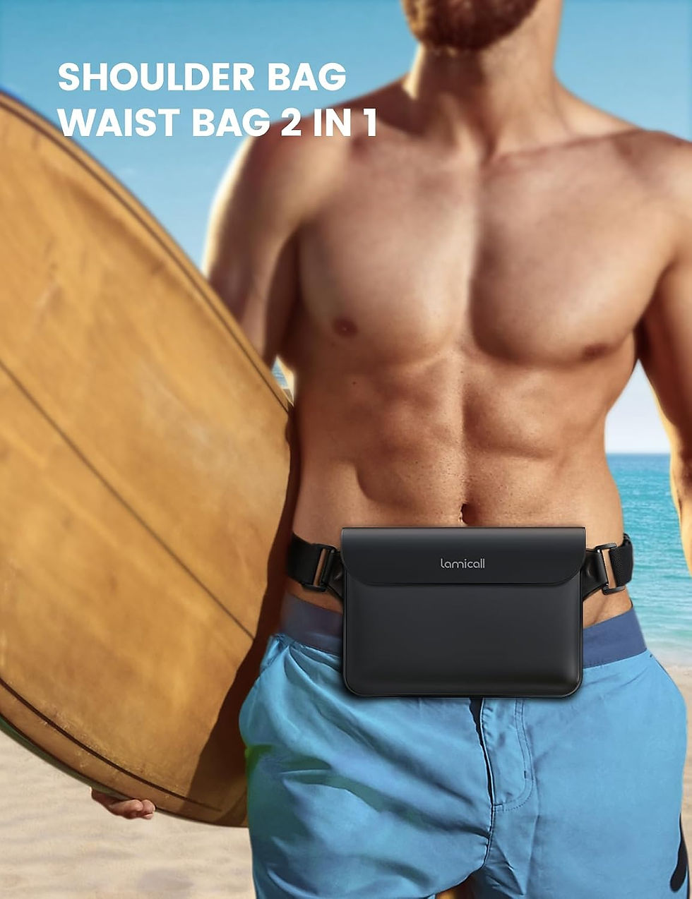 Miniature : Homme à la plage avec sac banane étanche Lamicall 2 en 1