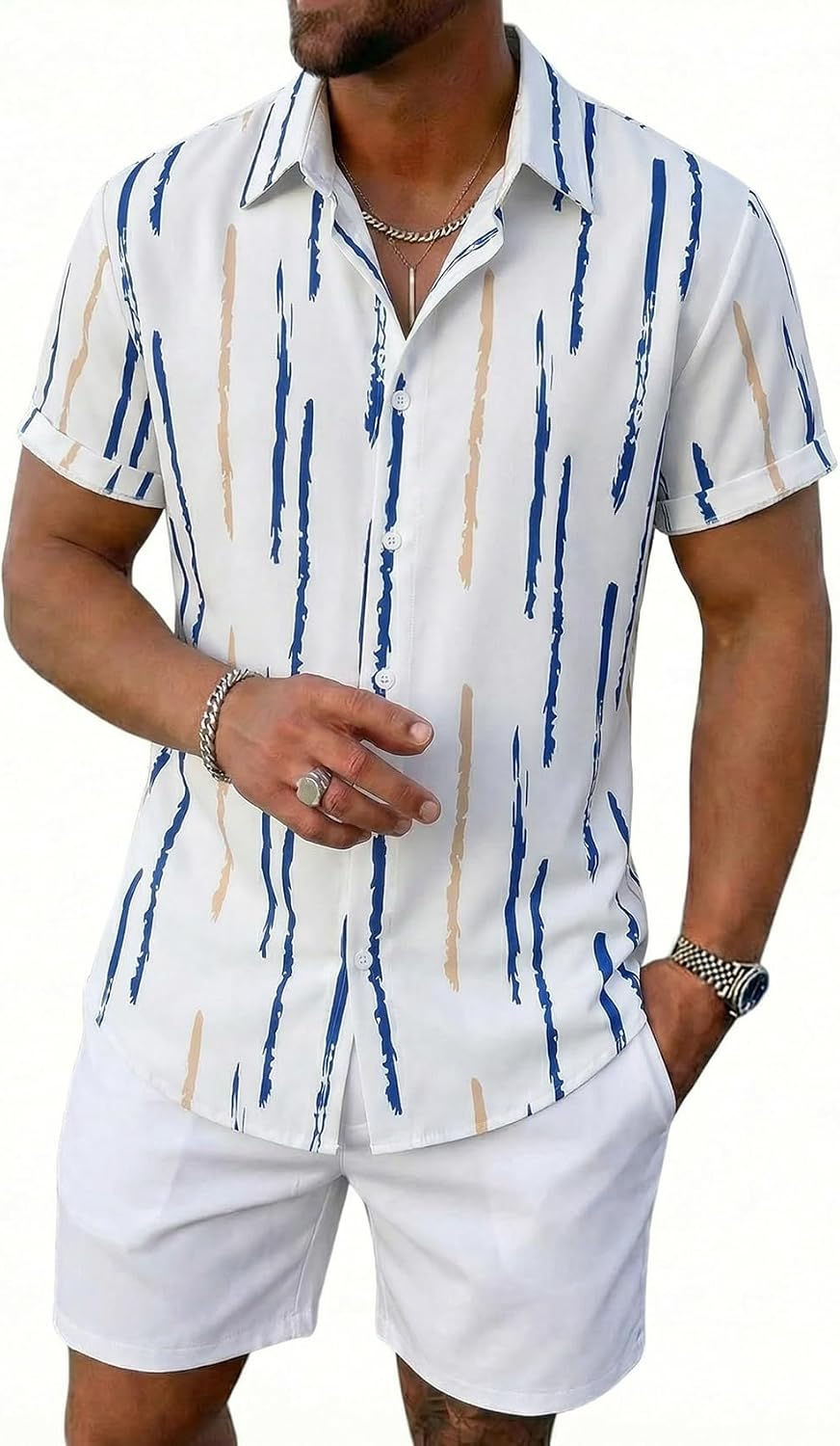 Thumbnail: Ensemble deux pièces d'été pour homme Yimoon : chemise hawaïenne à manches