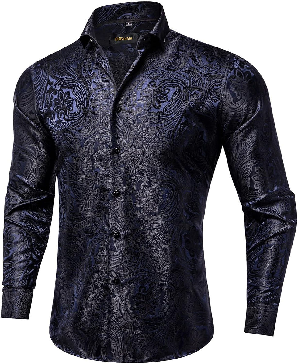 Miniature : Chemise en soie DiBanGu à motifs cachemire bleu marine.