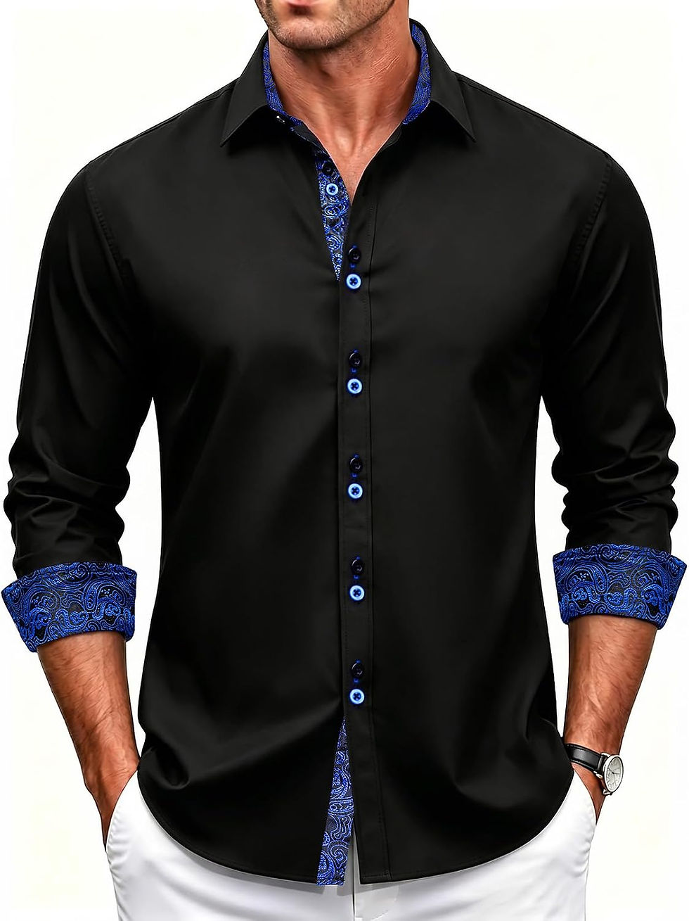 Miniature : Chemise DiBanGu noire, manches longues et motifs bleus.