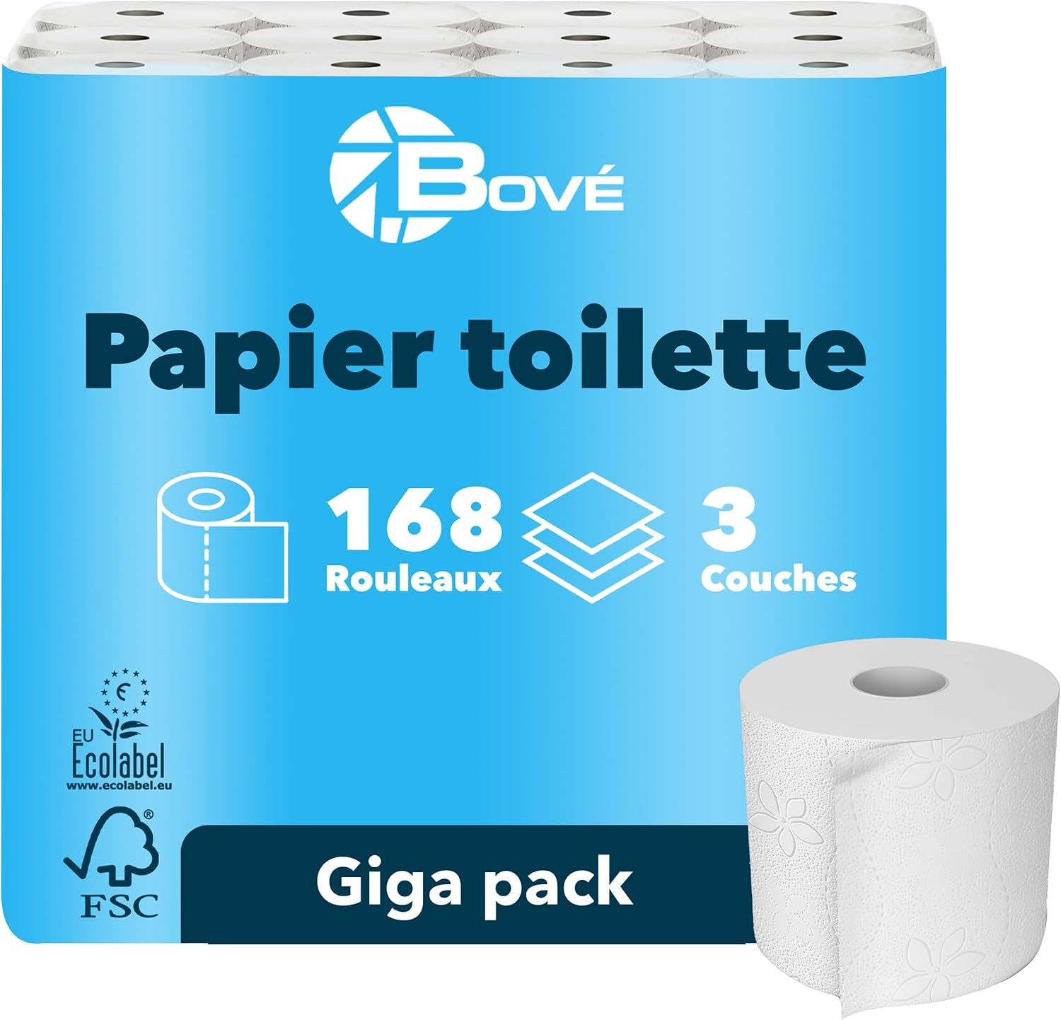Paquet de papier toilette BOVE 168 rouleaux 3 plis Giga pack
