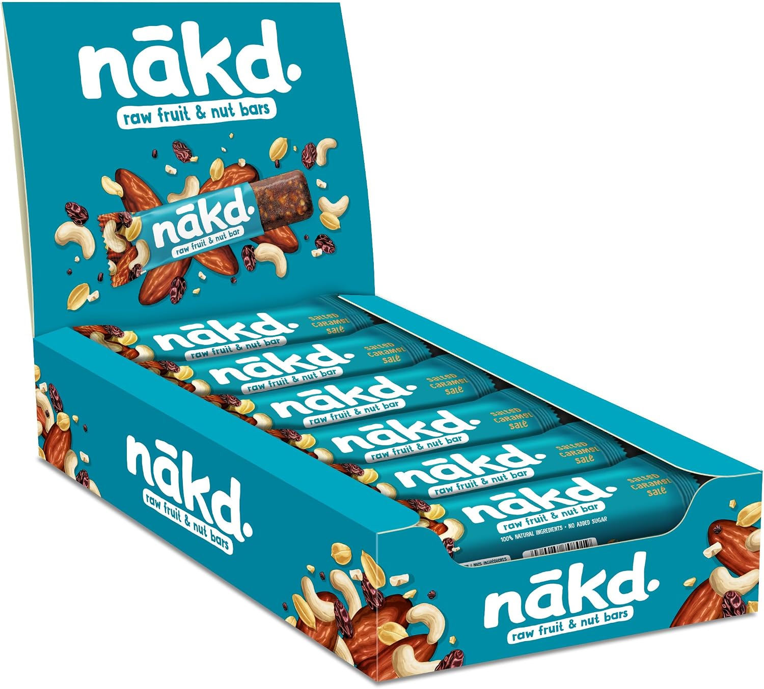 Boîte de barres Nākd Caramel salé aux fruits et noix.