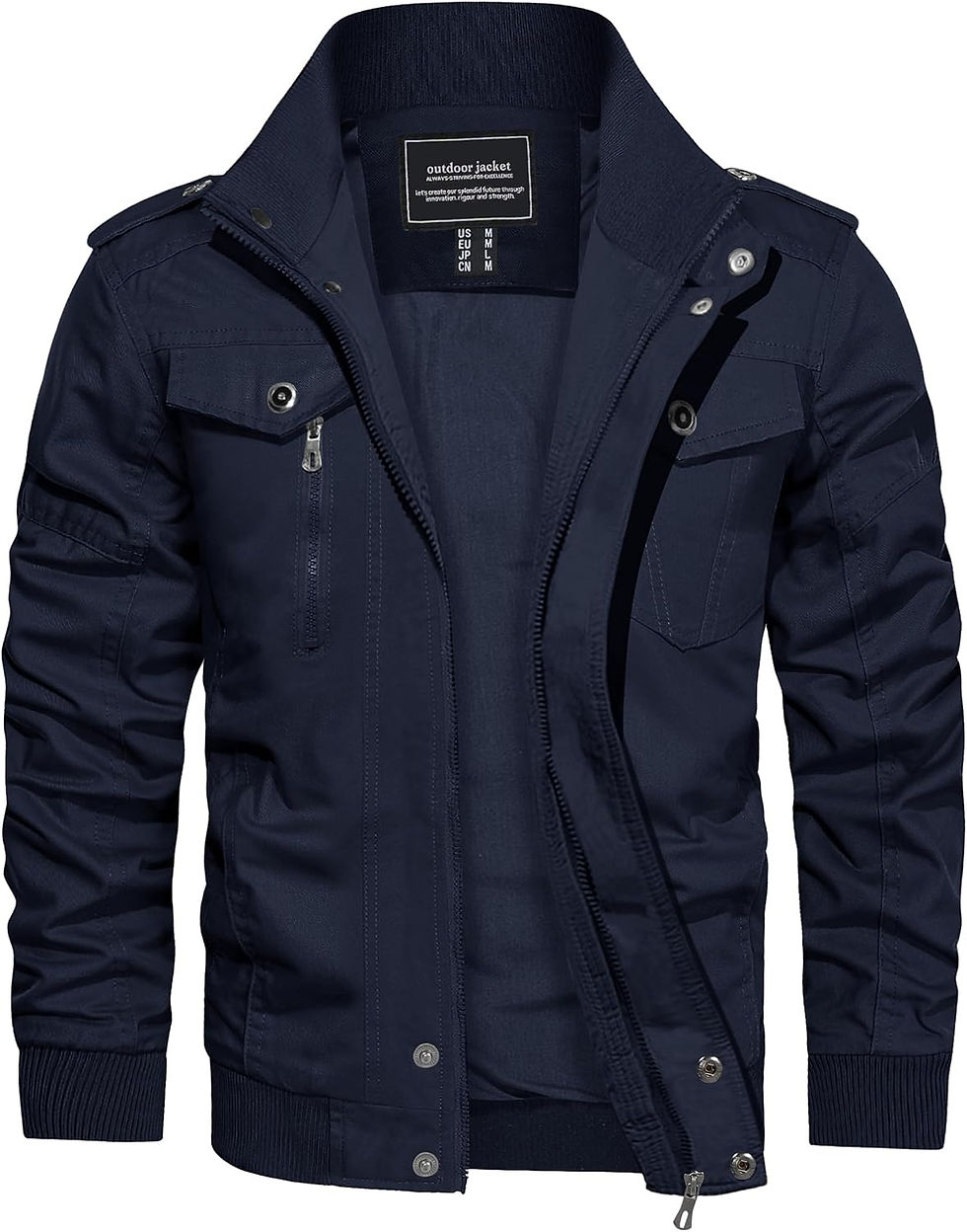 Miniature : Veste militaire en coton bleu marine pour homme avec col montant.