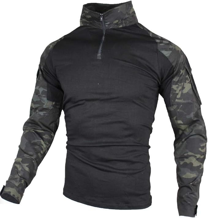 Chemise tactique noire avec manches camouflage et demi-fermeture éclair.