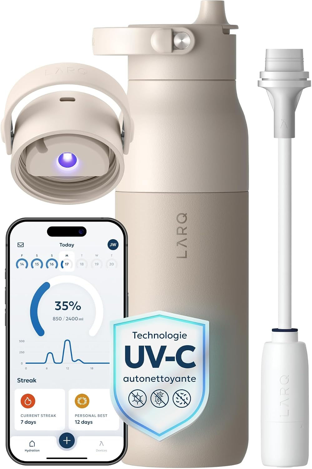 LARQ PureVis 2 : bouteille, filtre, bouchon UV et application mobile.