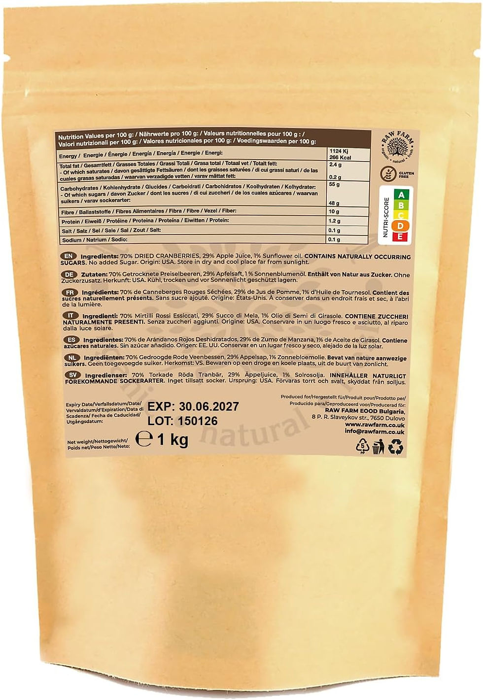 Dos du sachet de 1kg de cranberries Raw Farm avec les informations nutritionnelles et ingrédients.