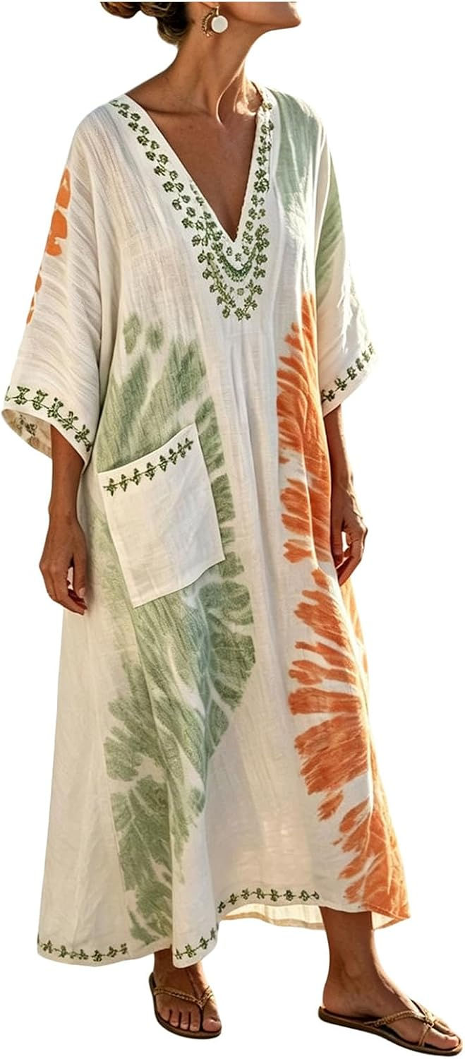 Miniature : Détail caftan été coton lin avec broderies et poche