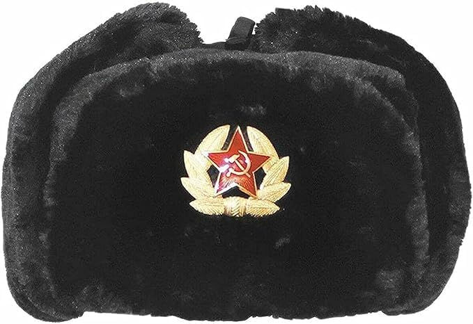 Miniature : Chapeau de trappeur russe noir avec badge soviétique rouge